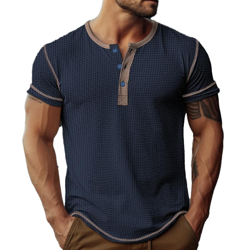 Men's Waffle Henley Collar Color Block Short Sleeves T-shirt 9261124223160