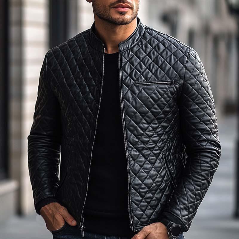 Men's Fashion Casual Diamond Quilted Slim Fit Leather Jacket 9877642117304
