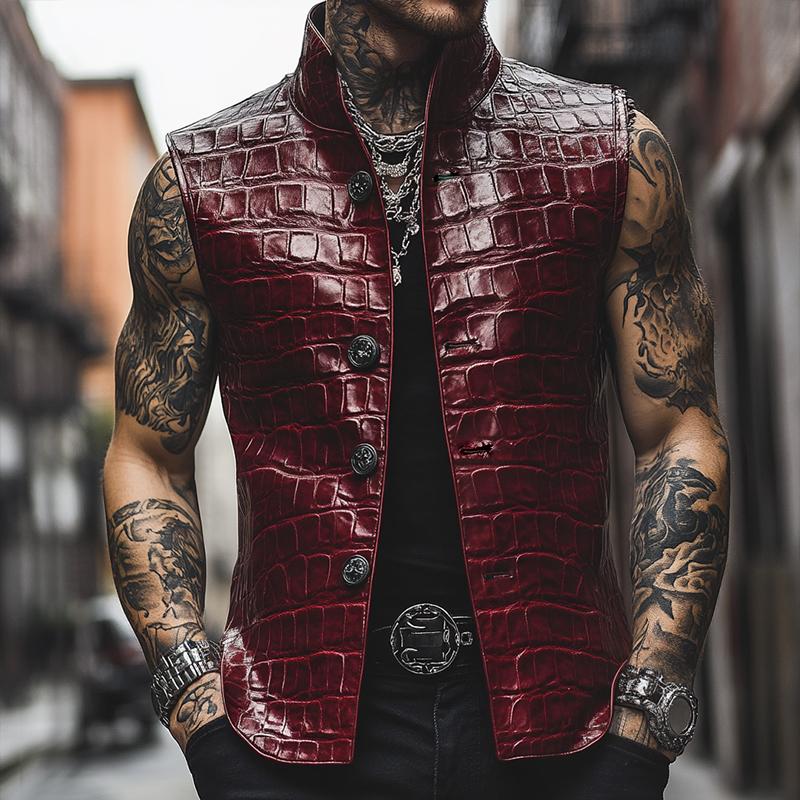 Men's Retro Casual Embossed Stand Collar Leather Vest 9873134190776