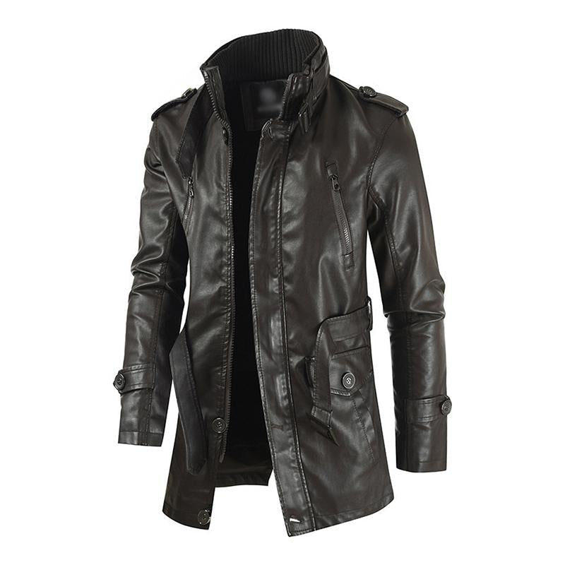 Men's Vintage Stand Collar Thickened Warm Mid-Length Zippered Leather Coat 9261112000696