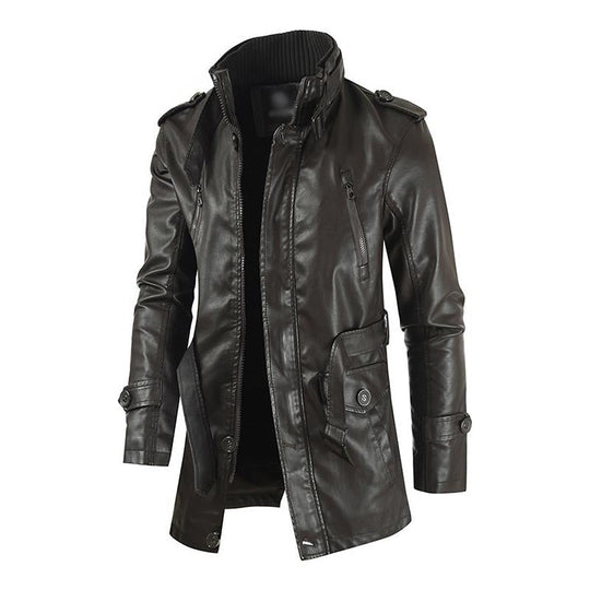 Men's Vintage Stand Collar Thickened Warm Mid-Length Zippered Leather Coat 9261112000696