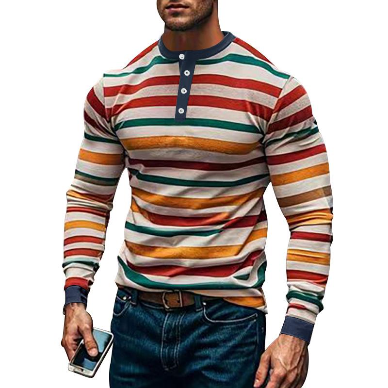 Men's Colorblock Striped Henley Collar Long Sleeve Casual T-shirt 9261135888568