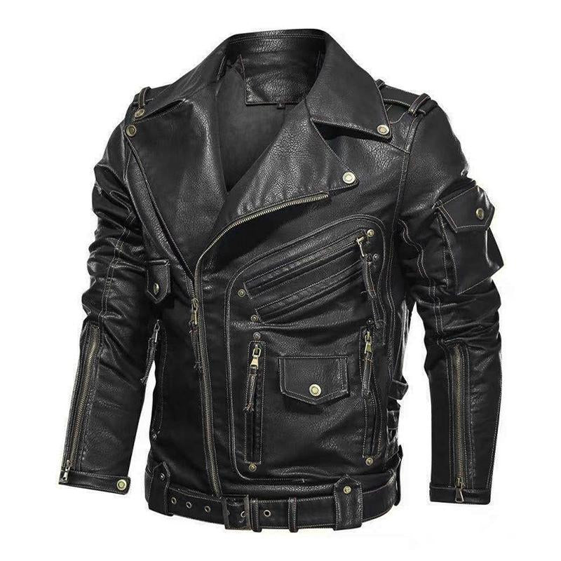 Men's Vintage Punk Lapel Patchwork Multi-pocket Zipper Leather Jacket 9261085327544