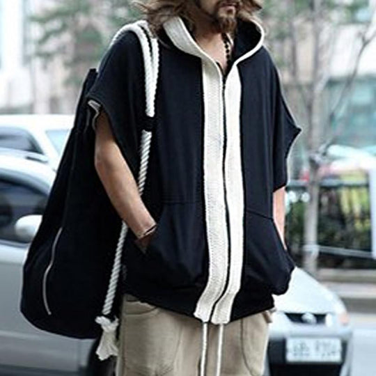 Men's Loose Color Block Hooded Short Sleeve Sweatshirt Jacket 9261079494840