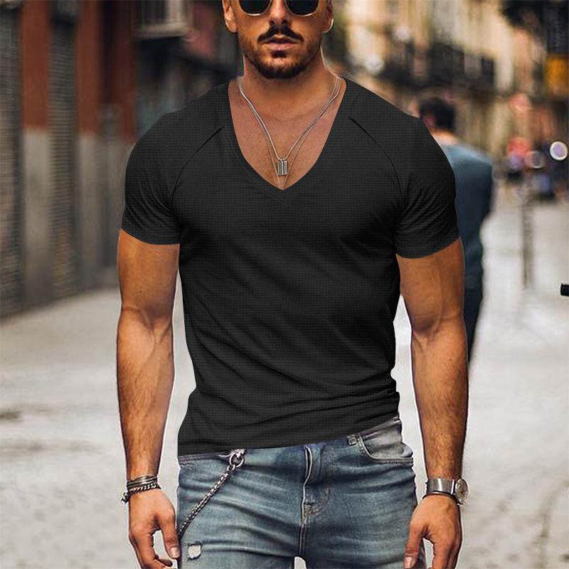 Men's Waffle Solid Color V Neck Solid Color T-Shirt Dtt25081916
