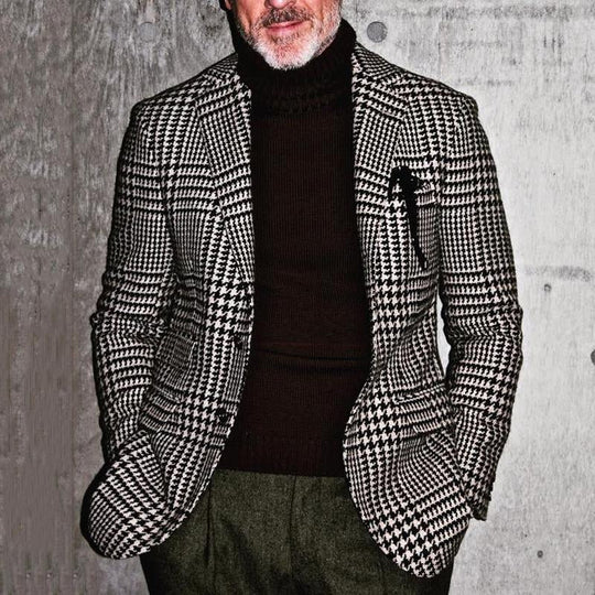 Men's Vintage Black and White Plaid Two-button Blazer 9886817812664