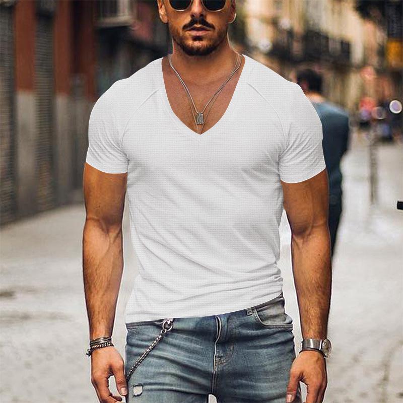 Men's Waffle Solid Color V Neck Solid Color T-Shirt Dtt25081916
