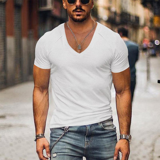 Men's Waffle Solid Color V Neck Solid Color T-Shirt Dtt25081916