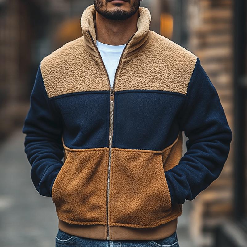Men's Retro Casual Plush Stitching Stand Collar Coat 9873141170360