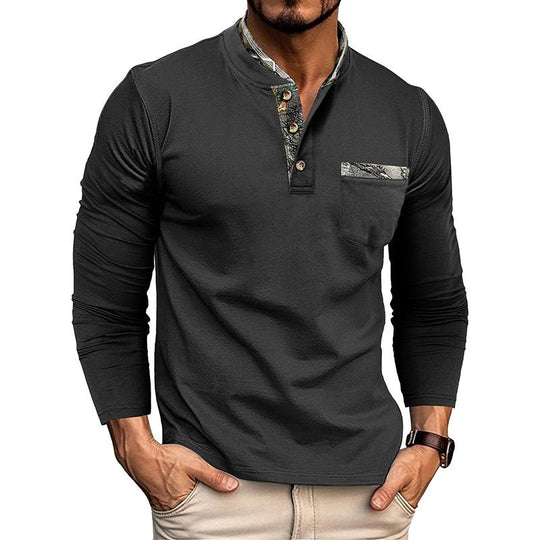 Men's Casual Henley Collar Colorblock Slim Fit Long Sleeve T-Shirt 9261139853496