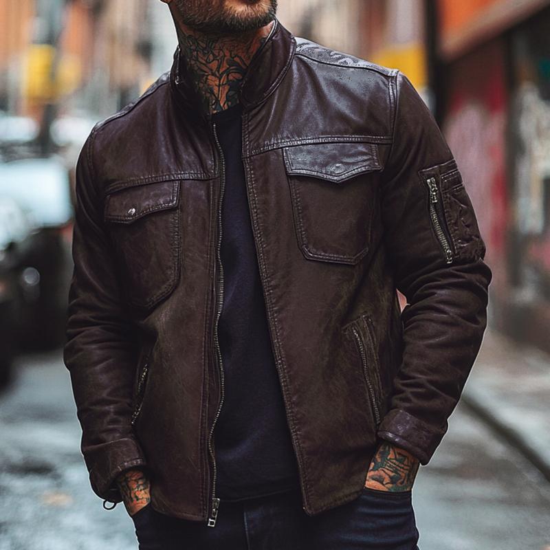 Men's Classic Stand Collar Slim Fit Multi-Pocket Leather Jacket 9272630968504