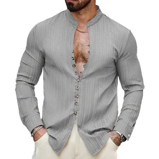 Men's Solid Color Striped Textured Stand Collar Long Sleeve Shirt 9885320675512