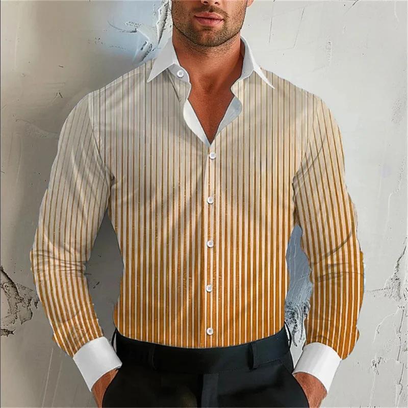 Men's Gradient Striped Lapel Long Sleeve Shirt 9261807861944