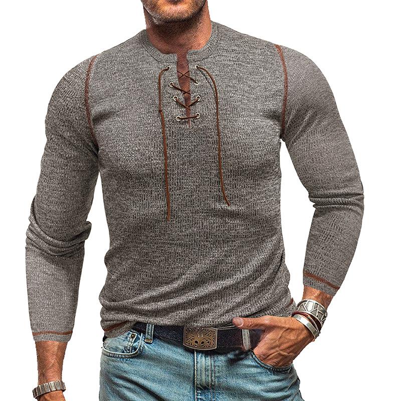 Men's Crew Neck Tie Long Sleeve Outdoor Henley T-Shirt 9261137789112