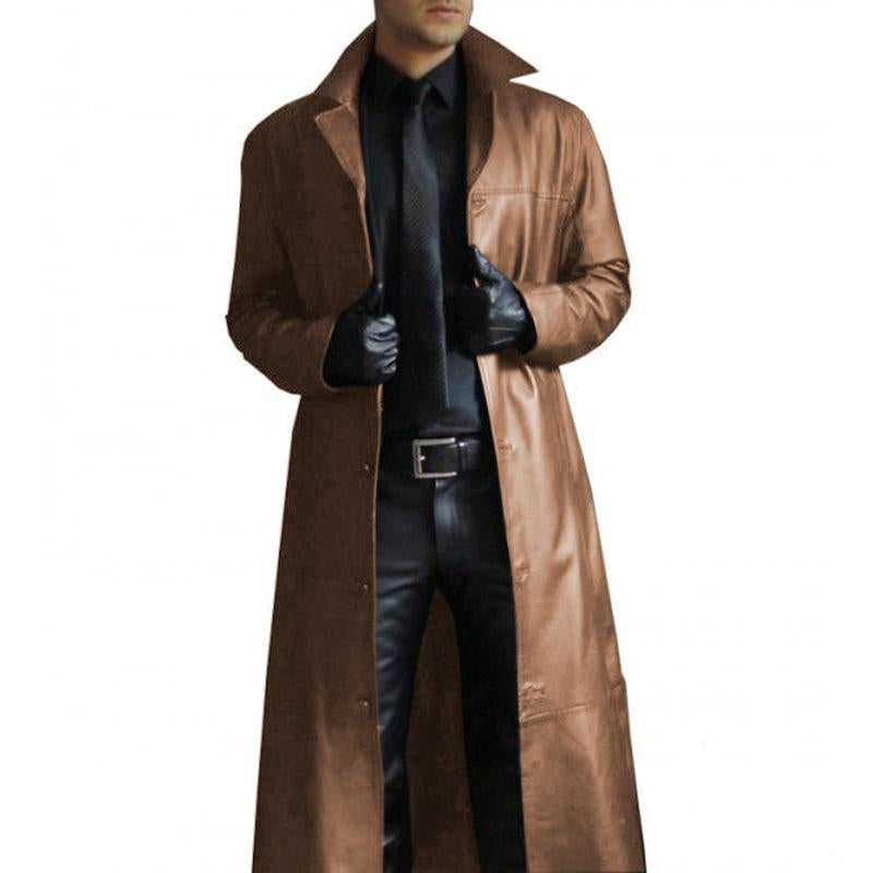 Men's Vintage Solid Color Lapel Leather Trench Coat 9261100925112
