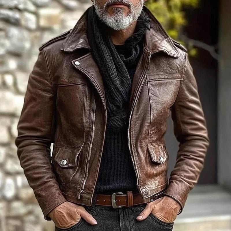 Men's Vintage Biker Lapel Zipper Leather Jacket 9260833636536