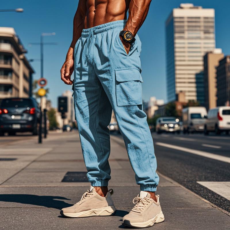 Men's Casual Solid Color Drawstring Multi-Pocket Trousers 9261764509880