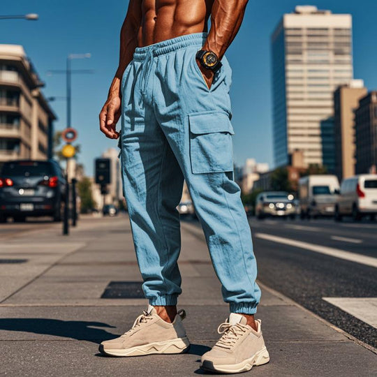 Men's Casual Solid Color Drawstring Multi-Pocket Trousers 9261764509880