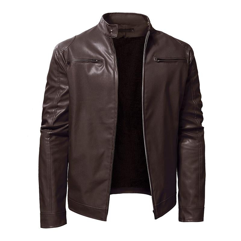 Men's Casual Solid Color Stand Collar Fleece Warm Zipper Leather Jacket 9261086769336