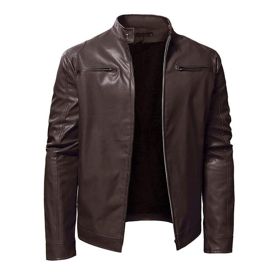 Men's Casual Solid Color Stand Collar Fleece Warm Zipper Leather Jacket 9261086769336