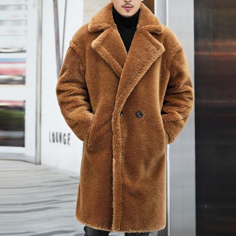 Men's Warm Solid Color Teddy Plush Lapel Long Coat 9261100728504