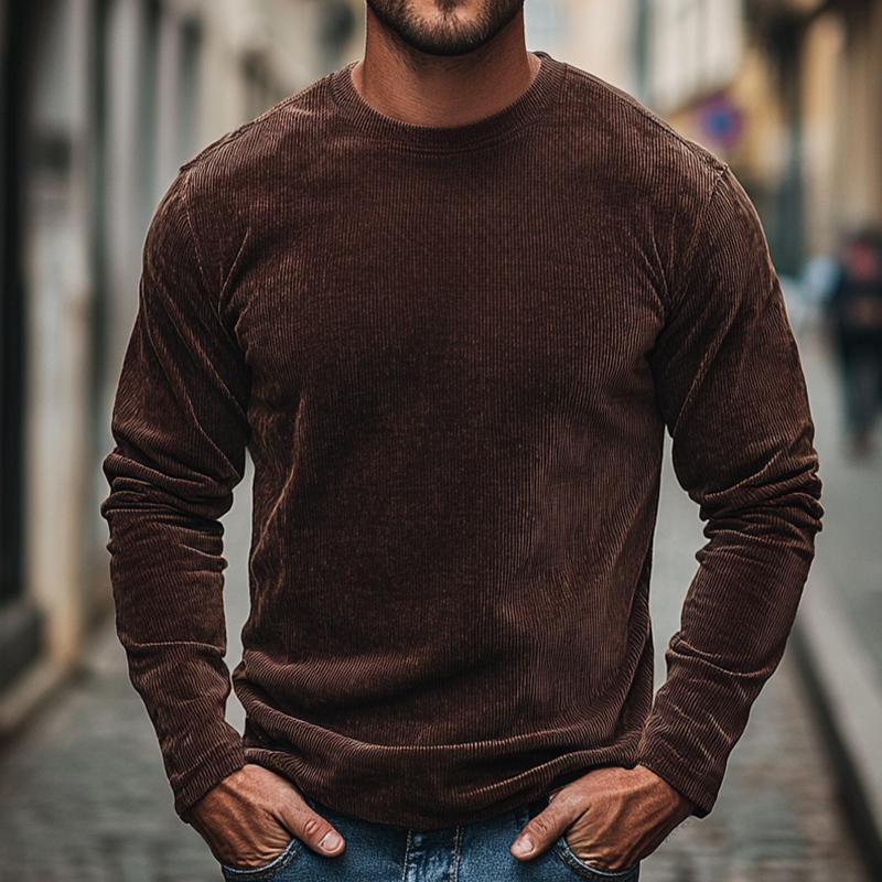 Men's Vintage Casual Corduroy Crew Neck Long Sleeve T-Shirt 9261141688504