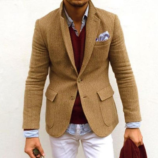 Men's Vintage Herringbone Wool Blend Lapel Single Breasted Blazer DTT25082005