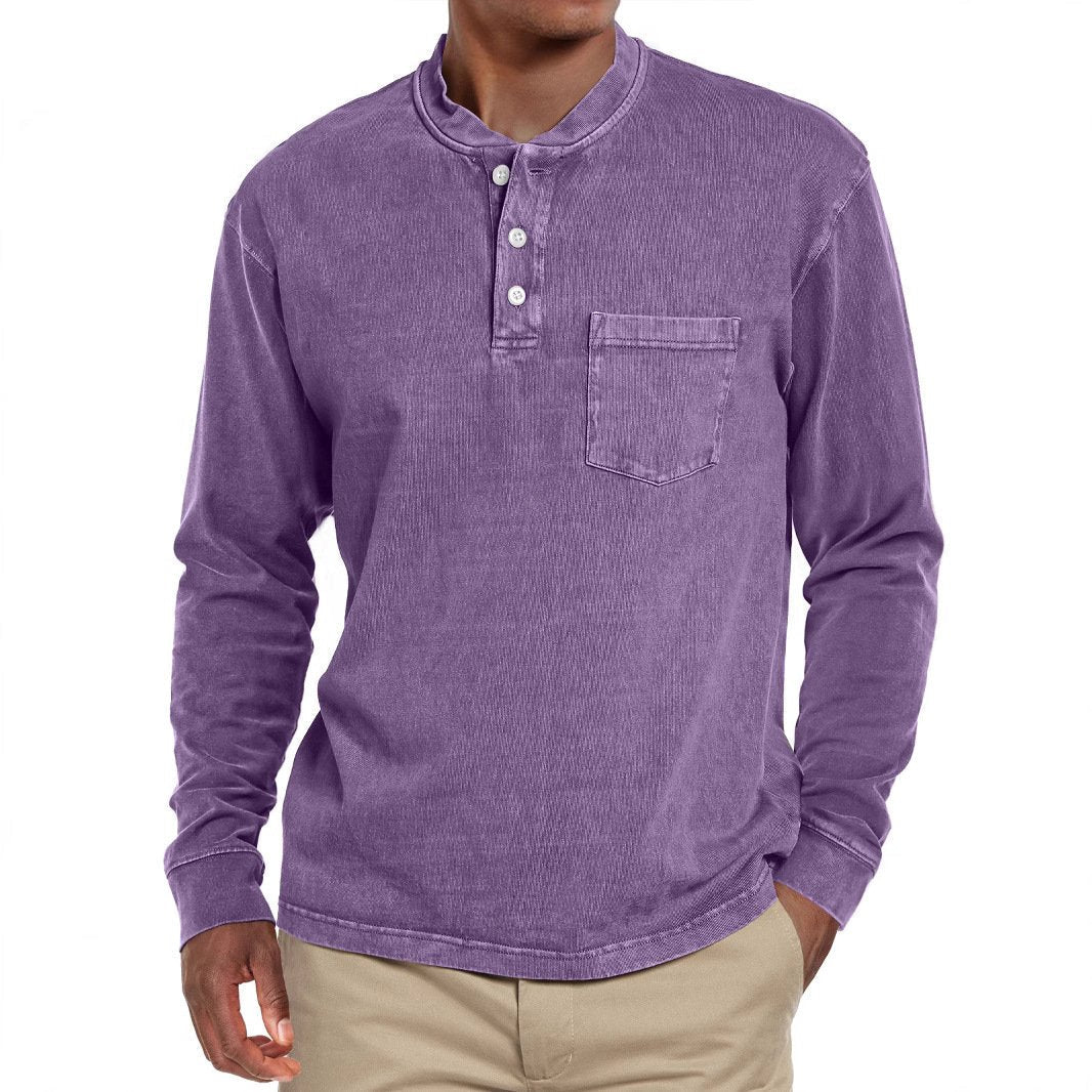 Men's Solid Henley Collar Chest Pocket Long Sleeve T-shirt 9261142278328
