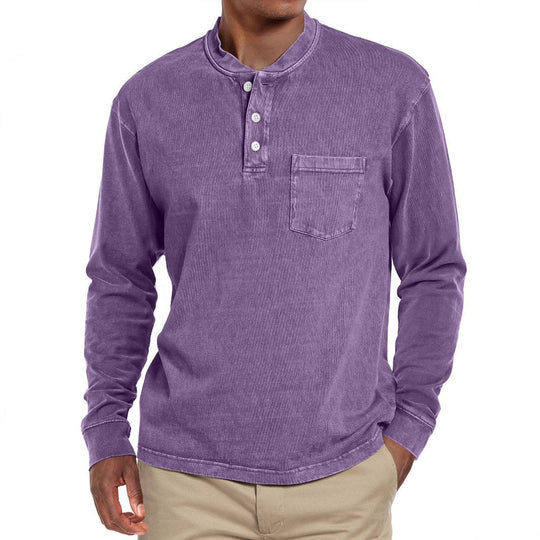 Men's Solid Henley Collar Chest Pocket Long Sleeve T-shirt 9261142278328