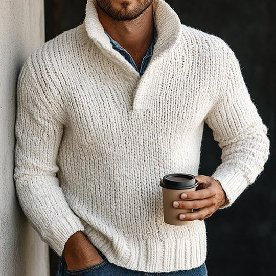 Men's Vintage White Stand Collar Knit Sweater 9885838115000