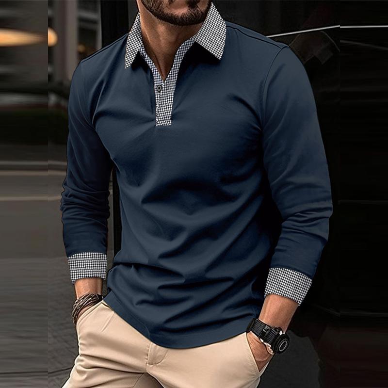 Men's Casual Plaid Patchwork Long-Sleeved Polo Shirt DTT25082009
