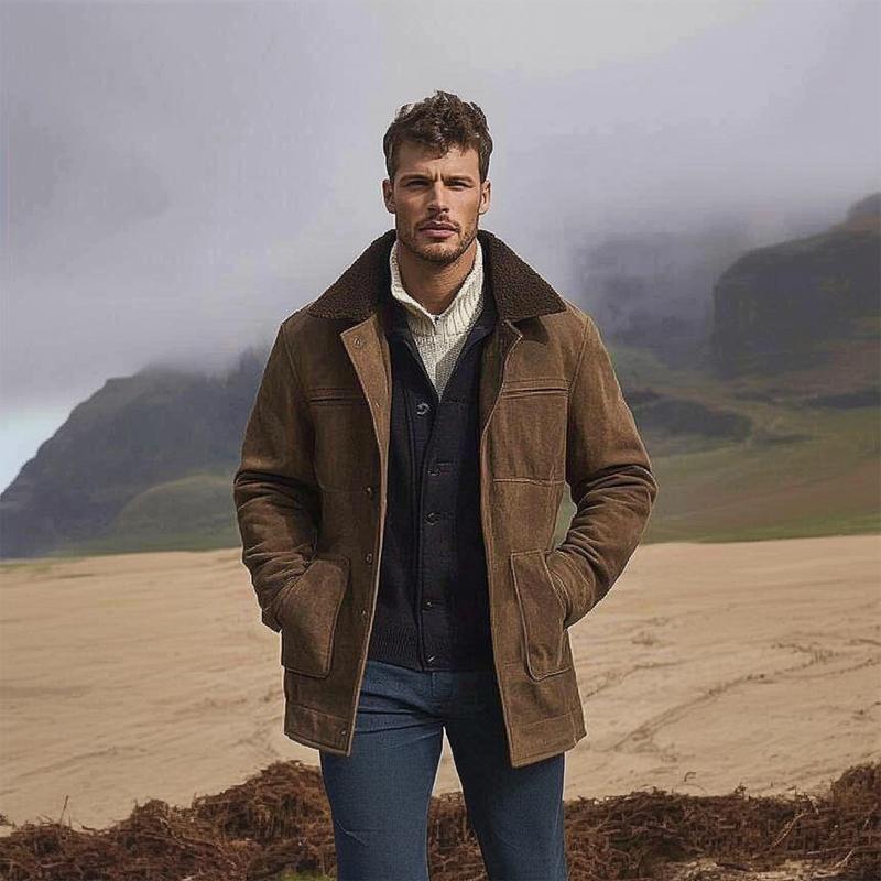 Men's Brown Suede Fur Collar Short Coat 9261110001848