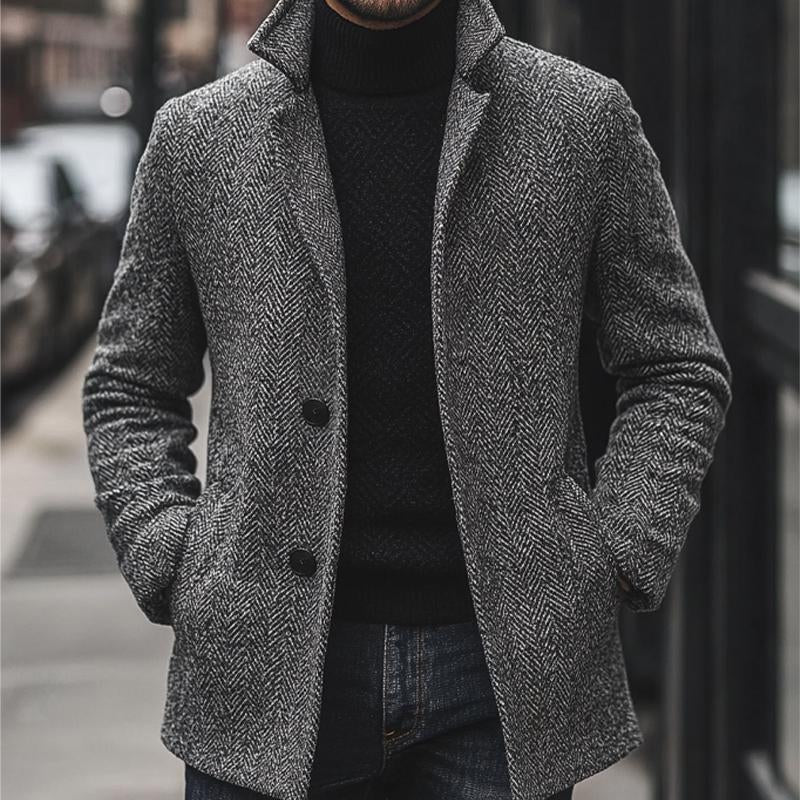 Men's Dark Grey Herringbone Notched Lapel Two Button Mid-Length Coat 9885839622328