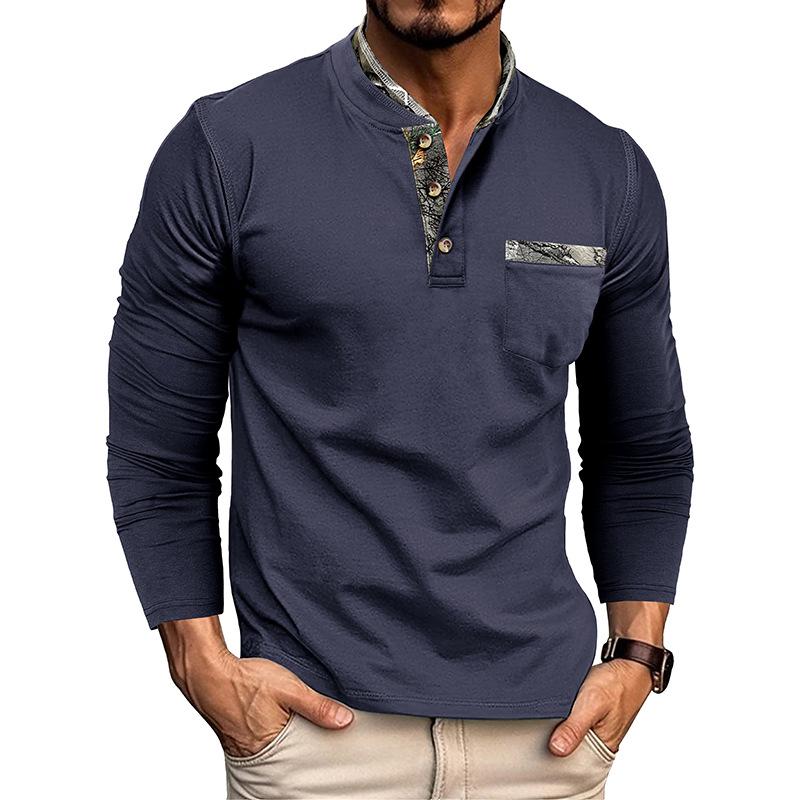Men's Casual Henley Collar Colorblock Slim Fit Long Sleeve T-Shirt 9261139853496