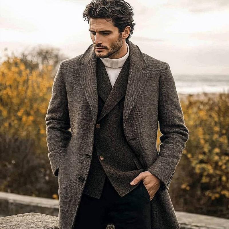 Men's Notch Lapel Single-breasted Mid-length Coat 9261105316024