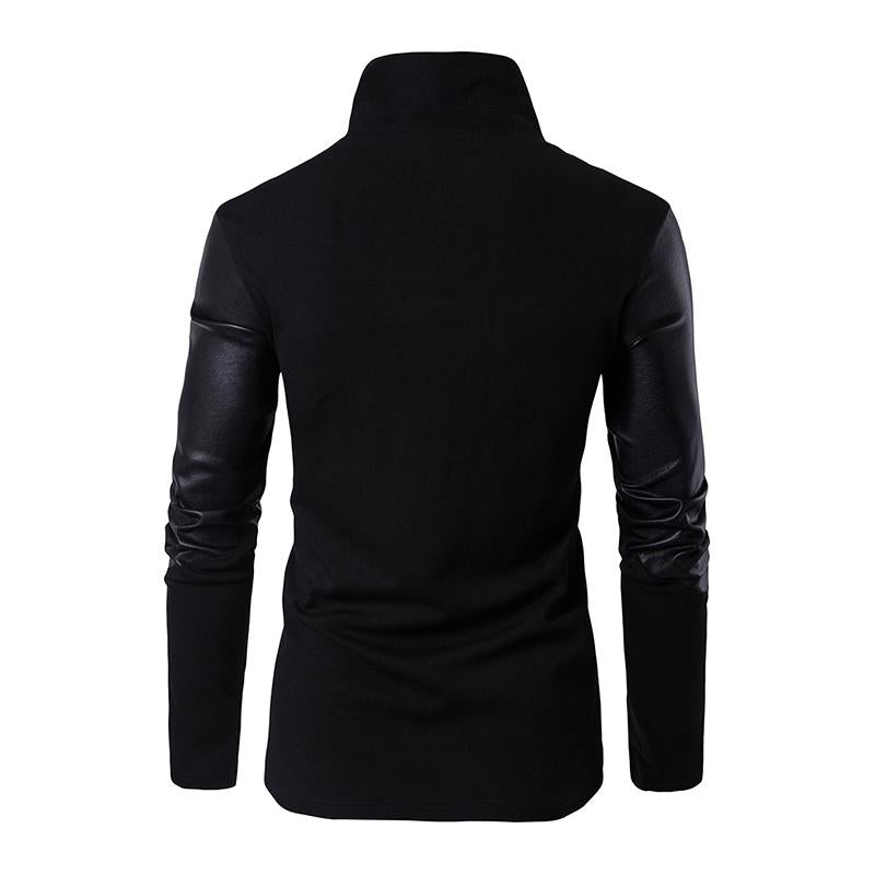 Men's Casual Stand Collar Slim Knit Leather Panel Jacket 9261079068856