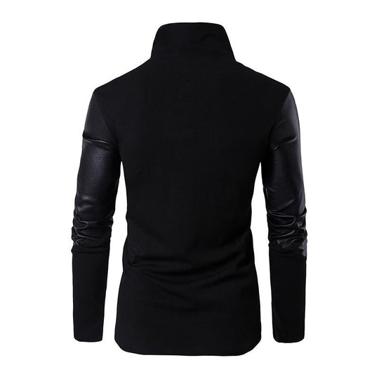 Men's Casual Stand Collar Slim Knit Leather Panel Jacket 9261079068856