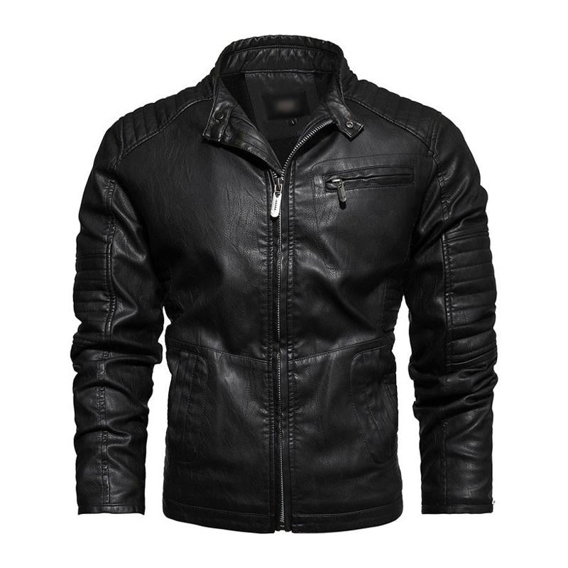 Men's Vintage Stand Collar Splicing Plush Zipper Slim Fit Motorcycle Leather Jacket 9261090242744