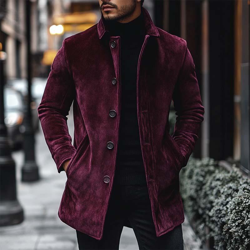 Men's Vintage Classic Stand Collar Thigh-Length Pocket Button Suede Coat 9261109674168