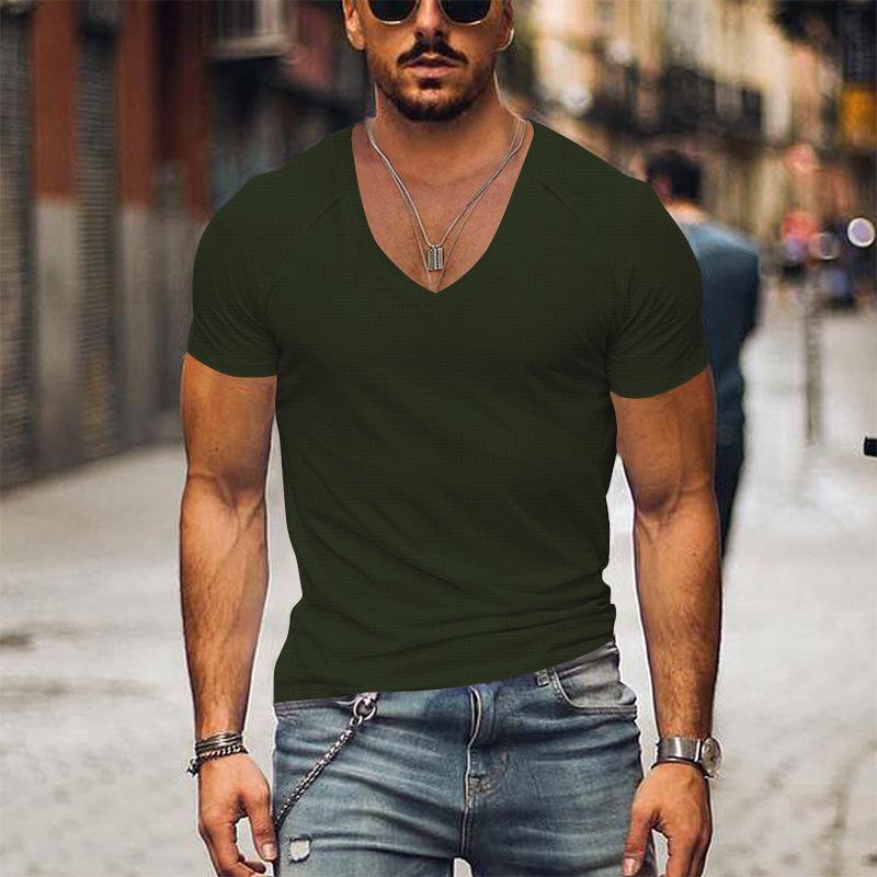 Men's Waffle Solid Color V Neck Solid Color T-Shirt Dtt25081916
