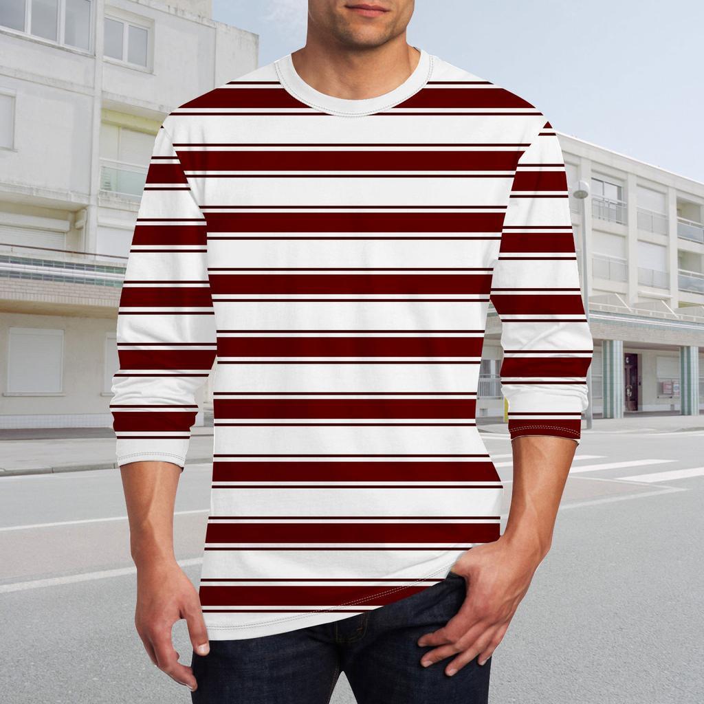 Men's Round Neck Printed Striped Long Sleeve T-shirt 9261143949496