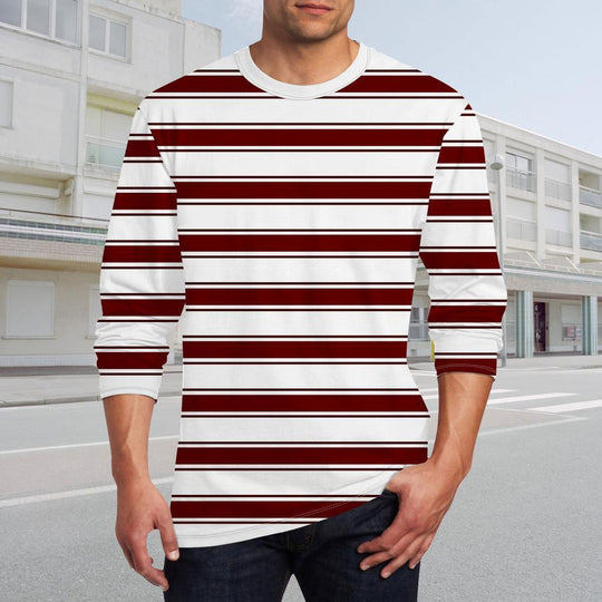 Men's Round Neck Printed Striped Long Sleeve T-shirt 9261143949496
