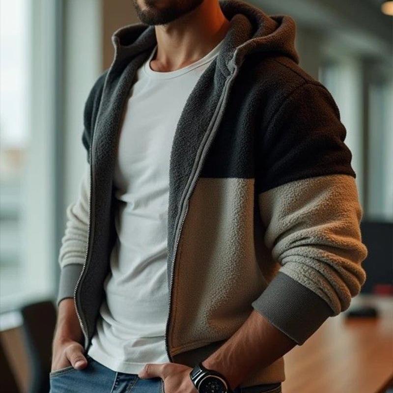 Men's Retro Casual Colorblock Hooded Pocket Zipper Jacket 9261105348792
