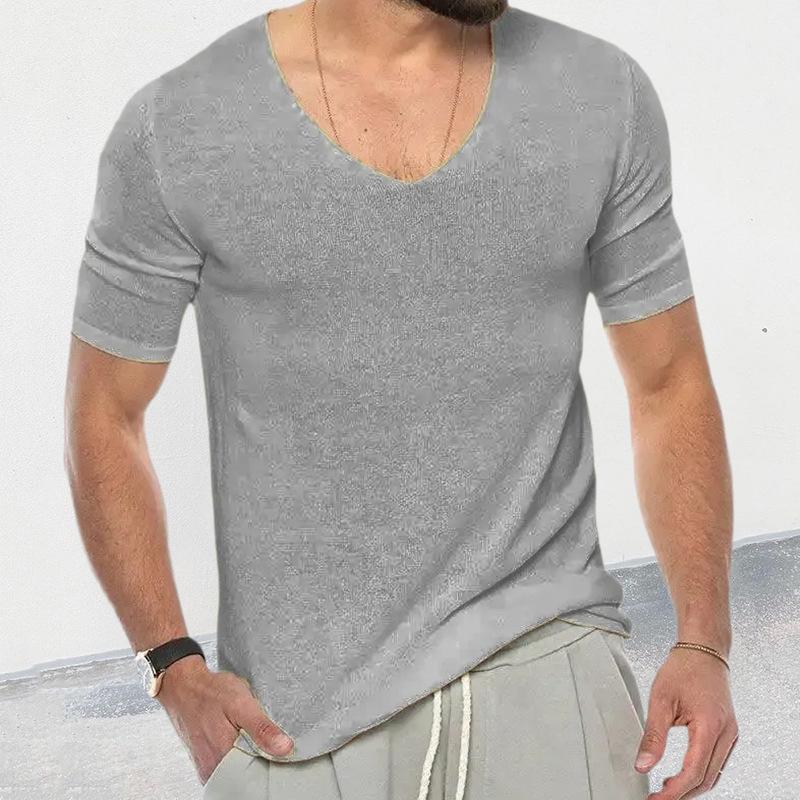Men's Casual Solid Color V -Neck Short -Sleeved Knit Sweater 9262176829624