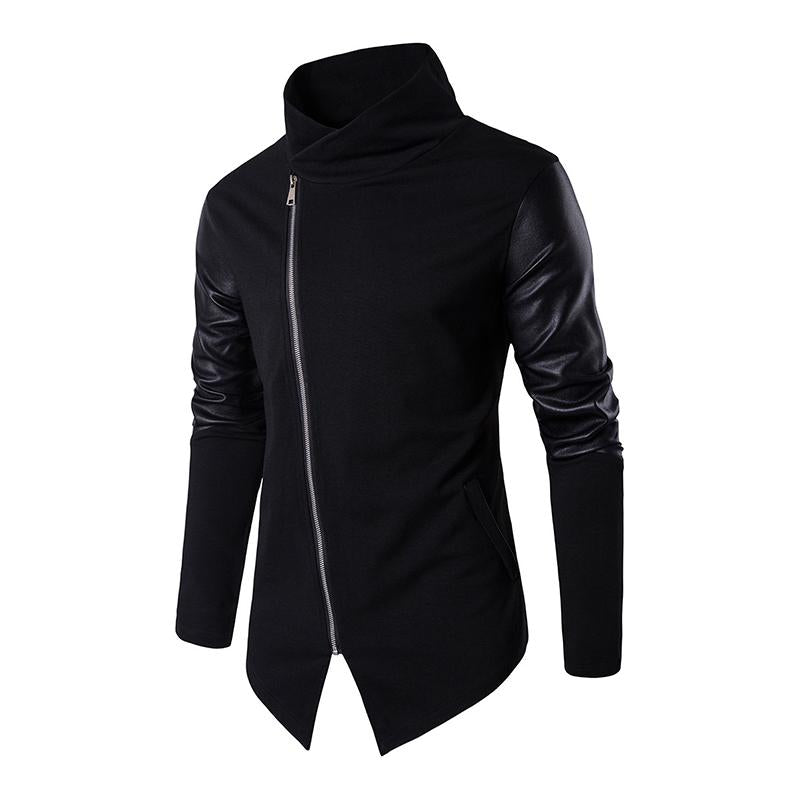 Men's Casual Stand Collar Slim Knit Leather Panel Jacket 9261079068856