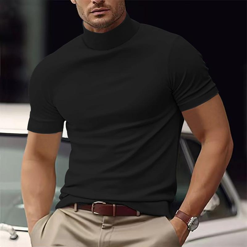 Men's Solid Color Half Turtle Neck Slim Fit Short Sleeve T-Shirt Dtt25081917