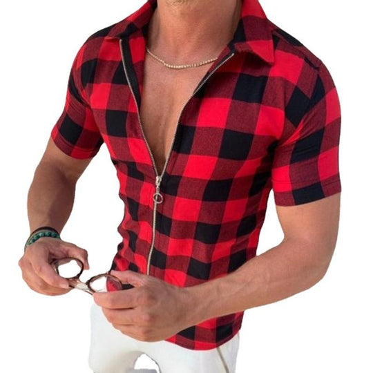 Men's Lapel Plaid Print Zipper Cardigan Short-sleeved T-shirt 9261796524216