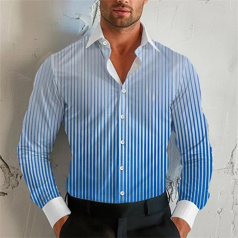 Men's Gradient Striped Lapel Long Sleeve Shirt 9261807861944