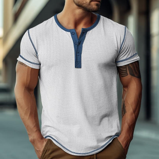 Men's Waffle Henley Collar Color Block Short Sleeves T-shirt 9261124223160
