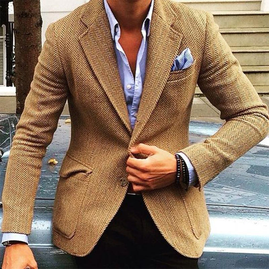 Men's Vintage Herringbone Wool Blend Lapel Single Breasted Blazer DTT25082005